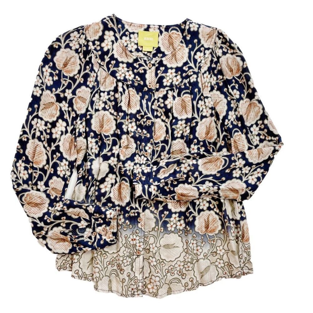 Anthropologie Maeve Orli Bibbed Button-Down Top Long Sleeve Floral Navy Beige XS